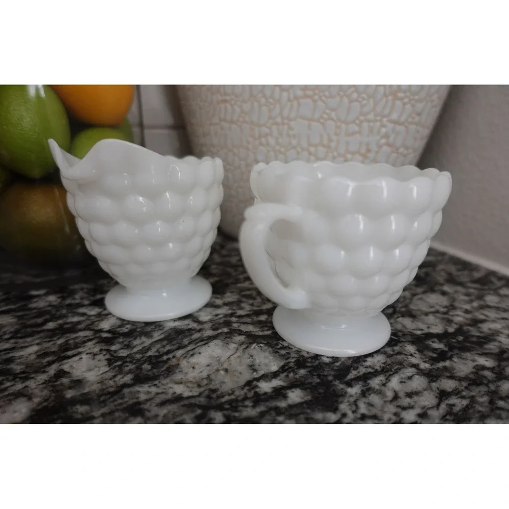 Vintage bubble white‎ milk glass creamer and sugar set